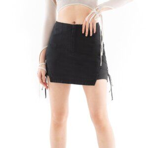 HYEIN SEO Black Laced Mini Skirt with Intricate Side Details